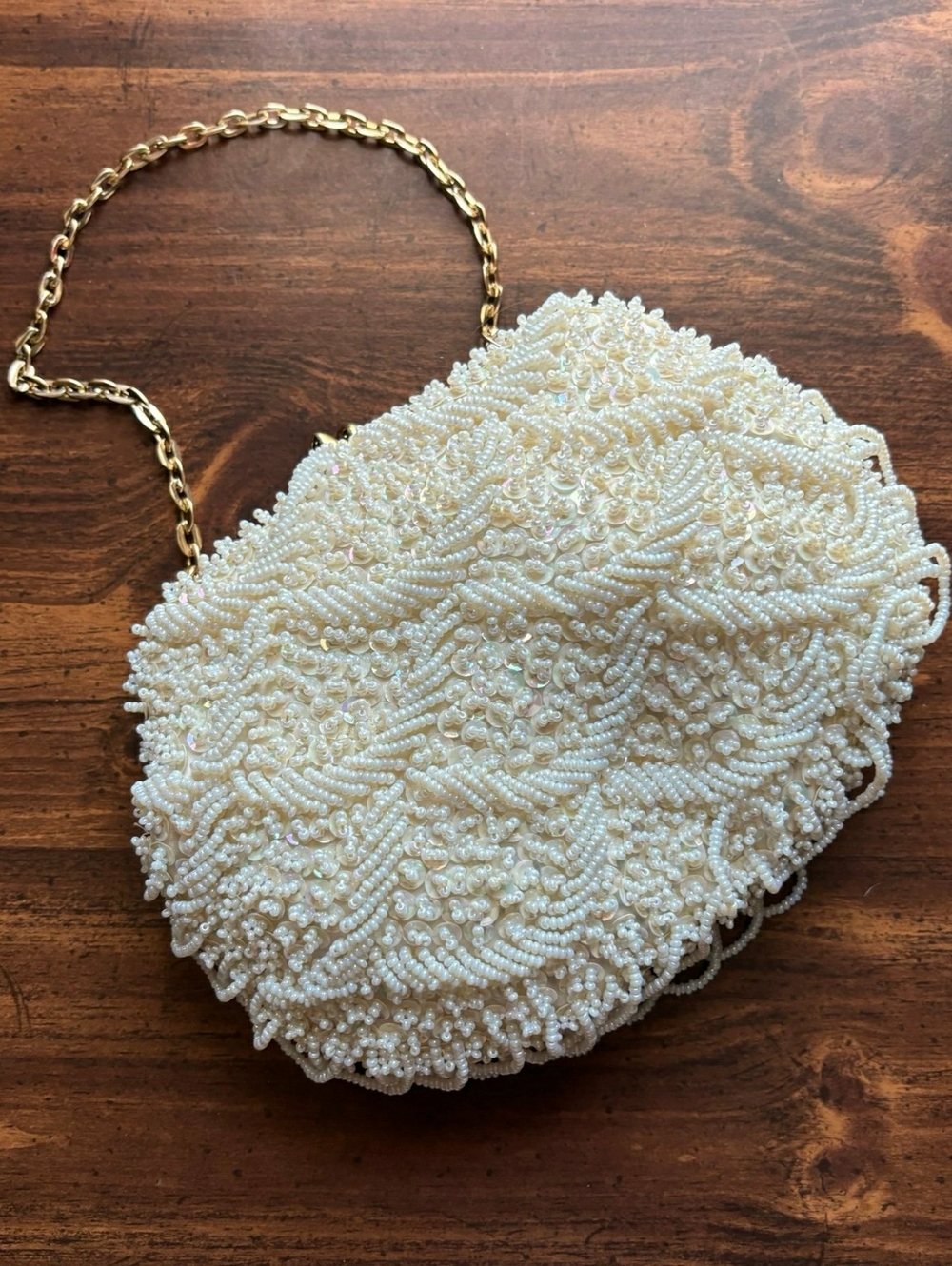 Ivory Vintage Glass Seed-Beaded Purse Handbag Clutch